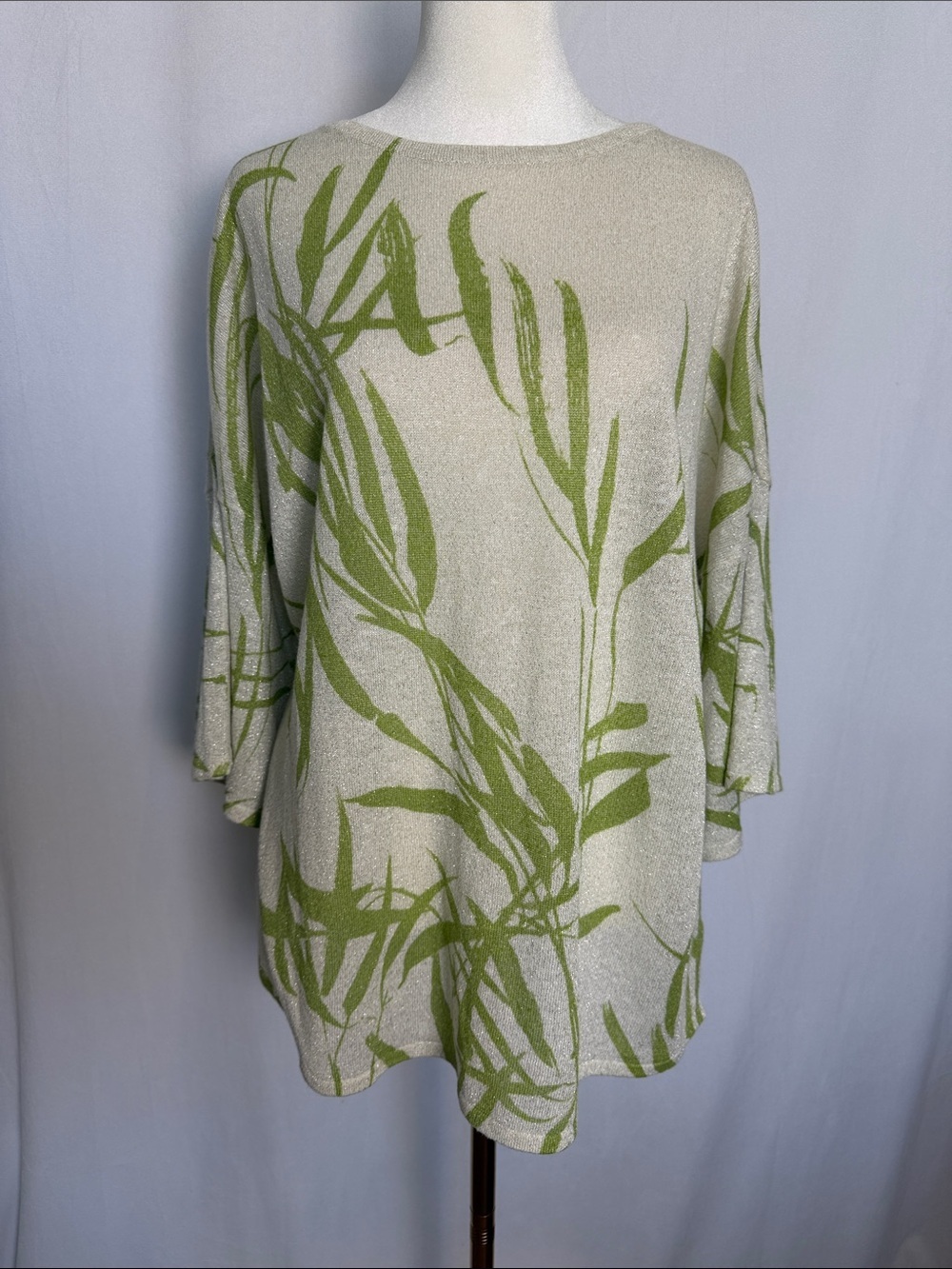 NEW Chico's Leaf Print Scoop Neck Sweater Size 3 (XL) Green Linen Blend Pullover